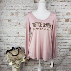 NWT Justice League L Pink Graphic Strappy Cross Back Tee Shirt Top Long Sleeve